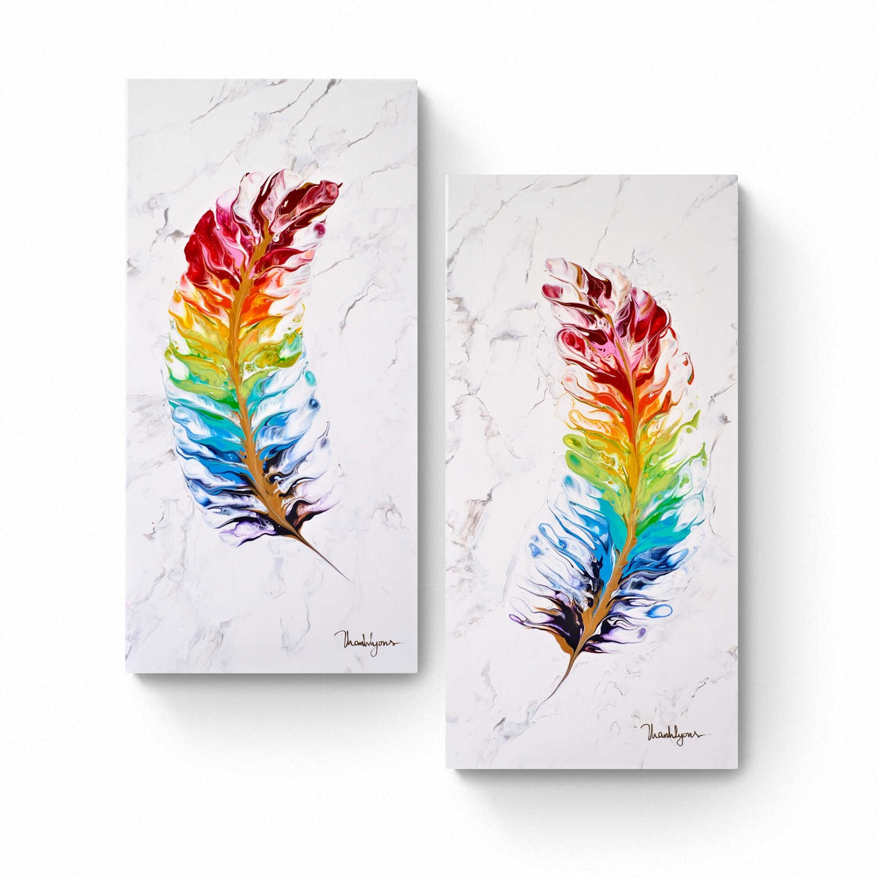 Marble Rainbow Feather Duo |2 painting set | 30 x 60 cm image 0