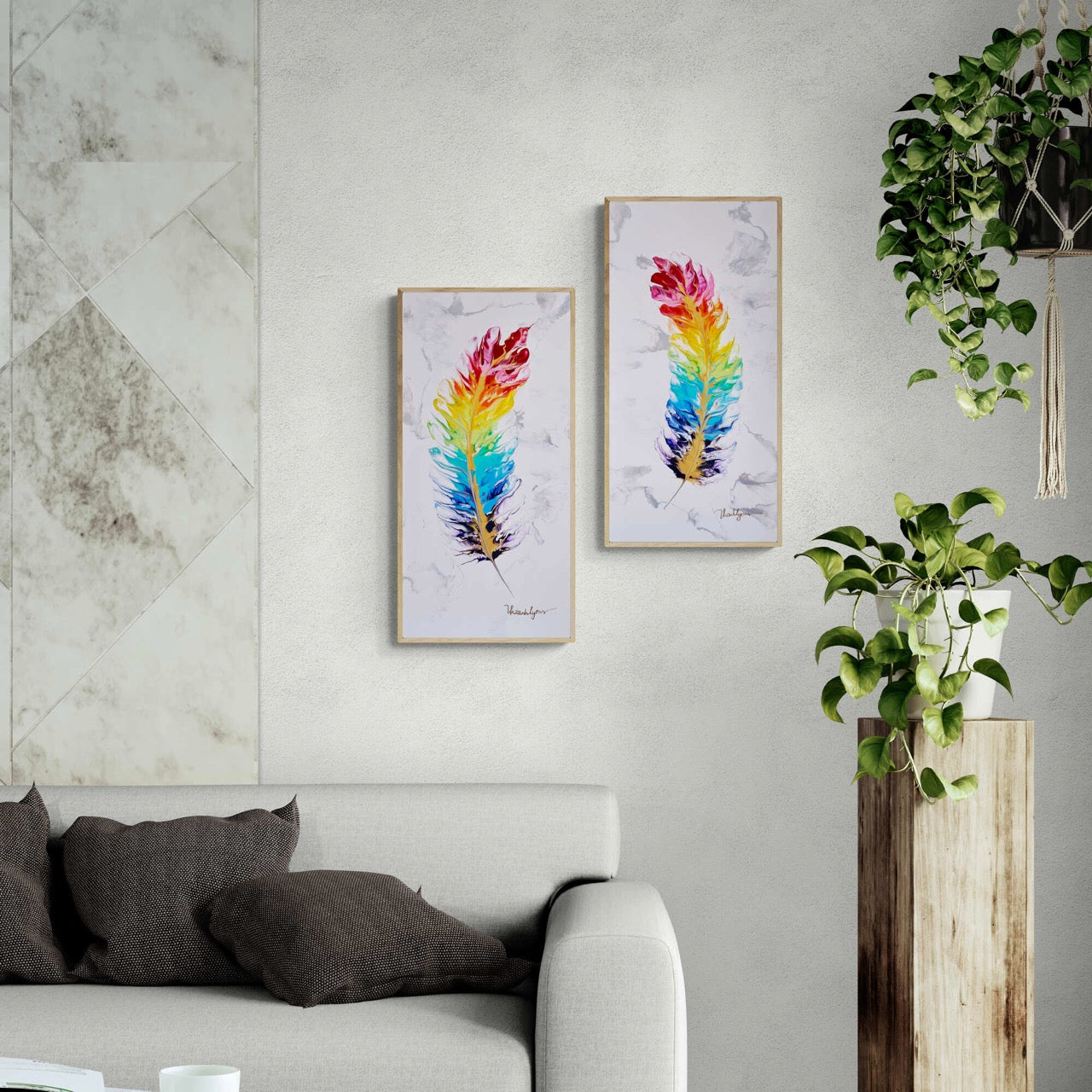 Marble Rainbow Feather Duo |2 painting set | 30 x 60 cm image 4