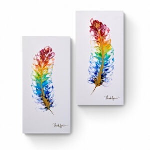 Sentence with product name: Rainbow Feather Duo (30 x 60 cm) on a white background. Abstract Art by Thanh Lyons