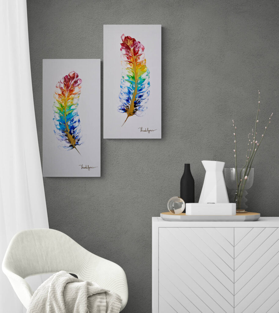 Two Rainbow Feather Duo (30 x 60 cm) hanging on a wall. Abstract Art by Thanh Lyons
