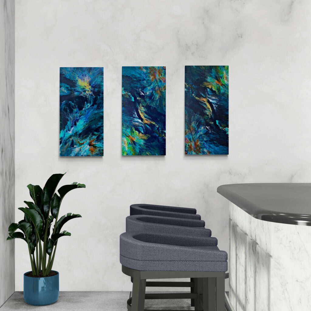 Three Emerald Symphony triptychs (60 x 90 cm) on the wall of a bar. Abstract Art by Thanh Lyons