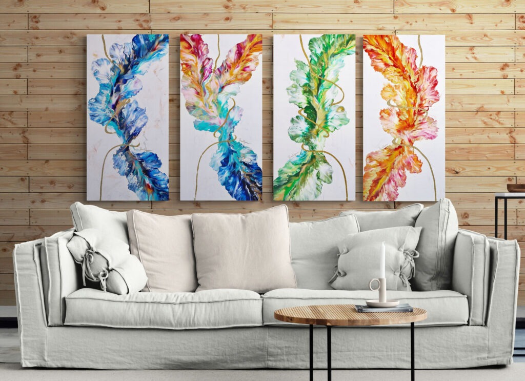 A living room with the Season Celebration series (a set of 4) abstract paintings on the wall. Abstract Art by Thanh Lyons