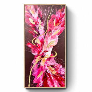 The "Beautiful Blooms" painting (41 x 82 cm) showcases vibrant pink and red floral shapes with gold accents against a dark background, all elegantly framed in Tassie oak. Abstract Art by Thanh Lyons