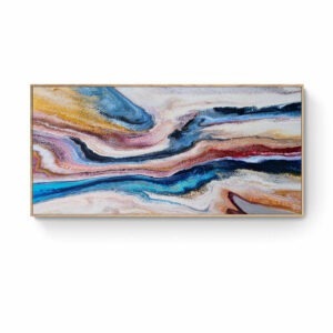 A colorful abstract painting on a wooden frame.
Product Name: A Glimpse of Time (60 x 120 cm - Framed in raw oak) Abstract Art by Thanh Lyons