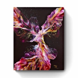 A Peaceful Oasis painting of a phoenix on a black background. Abstract Art by Thanh Lyons