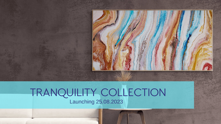 A living room with a painting on the wall from the tranquility series. Abstract Art by Thanh Lyons