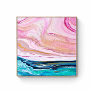 Abstract painting titled "Pink Lake" featuring swirling patterns and colors including pinks, peaches, blues, and greens, framed in a thin white border (80 x 80 cm). Abstract Art by Thanh Lyons