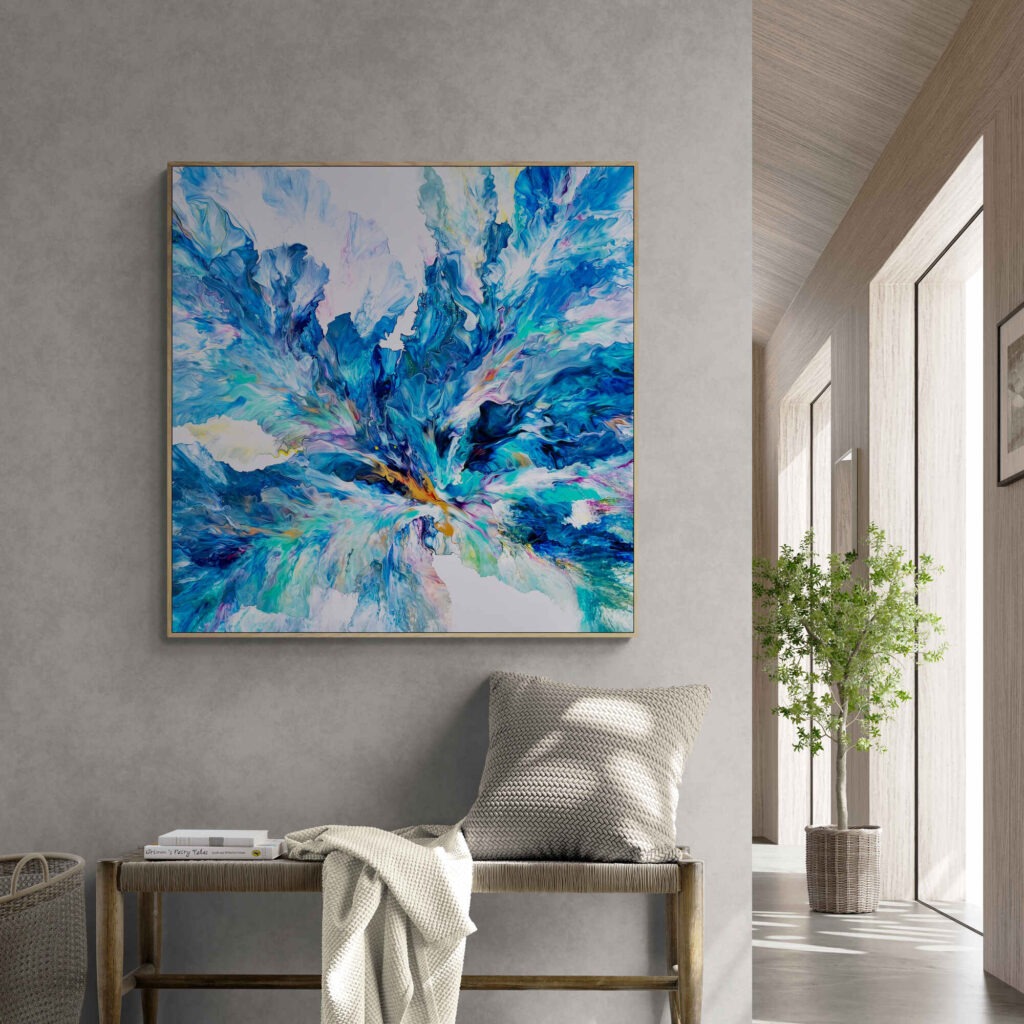A Blooming Beauty (101 x 101 cm) - Framed in oak painting hangs on a wall in a living room. Abstract Art by Thanh Lyons