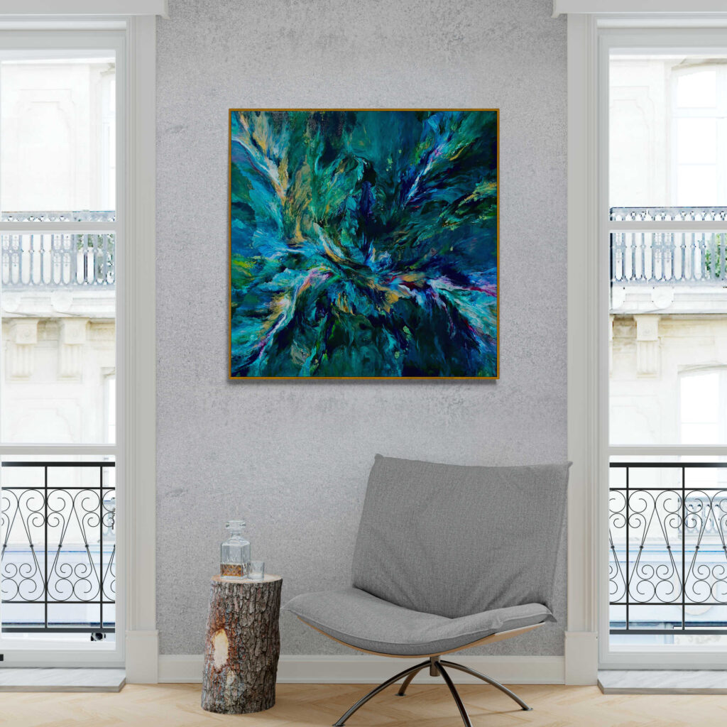 An Celestial Dance (101 x 101 cm) - Framed in Gold Oak painting hangs above a chair in a living room. Abstract Art by Thanh Lyons