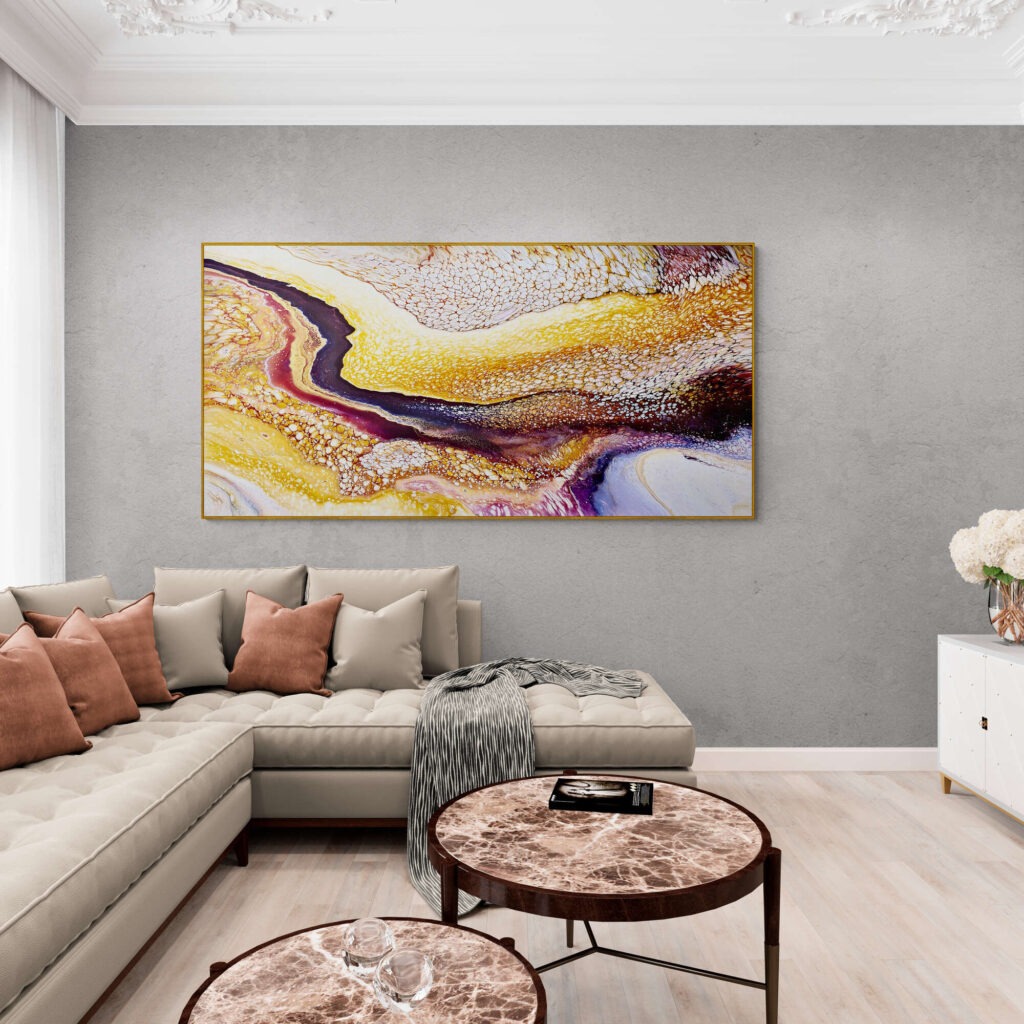 Golden Earth painting hangs above a couch in a living room. Abstract Art by Thanh Lyons