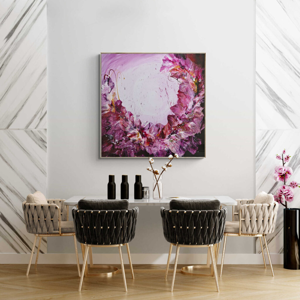 An Moonlit Melody (101 x 101 cm) - Framed in Gold Oak painting hangs above a dining room table. Abstract Art by Thanh Lyons