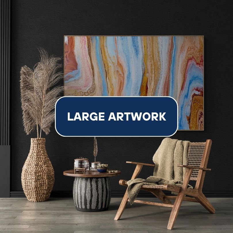 Large artwork in a living room with a chair. Abstract Art by Thanh Lyons
