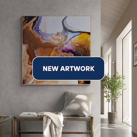 An abstract painting hangs on a wall in a living room. Abstract Art by Thanh Lyons