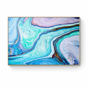 Abstract marbled art with swirling patterns of Blue World (60 x 150 cm - Framed in Tassie Oak), purple, and teal hues, framed in Tassie Oak and mounted on a white wall. Abstract Art by Thanh Lyons