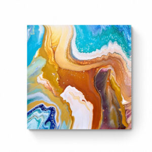 Abstract fluid art painting with swirling patterns of Blue Canyon 2 (76 x 76 cm) colors, displayed on a white wall. Abstract Art by Thanh Lyons