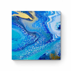 Abstract painting Blue Currents I (76 x 76 cm) with swirls of blue, yellow, and white creating a dynamic fluid pattern, mounted on a white wall. Abstract Art by Thanh Lyons