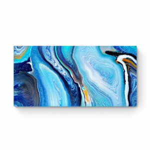 Abstract swirls of blue, white, and black paint create a marbled "Blue Galaxy (60 x 120 cm)" artwork on a 60 x 120 cm horizontal canvas. Abstract Art by Thanh Lyons
