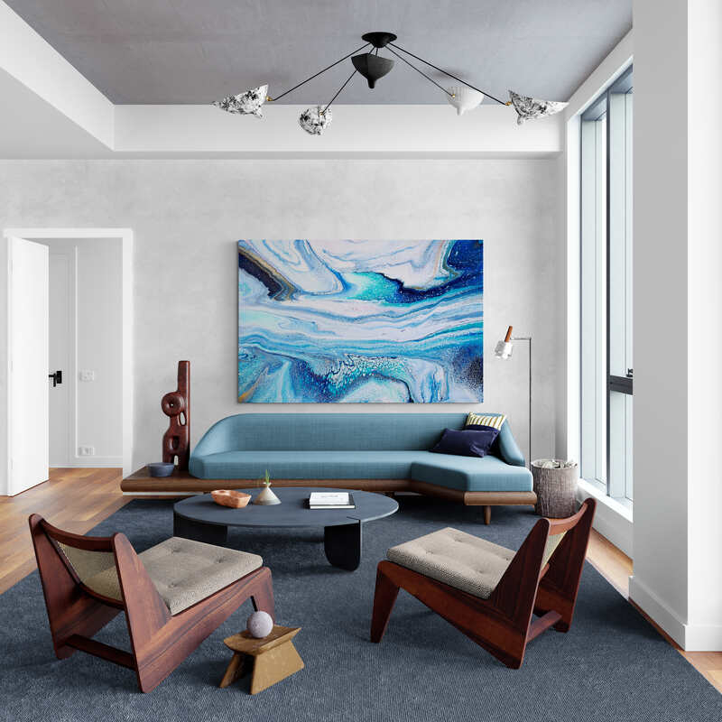 Modern living room with a Blue Stream (124 x 185 cm - Framed in Tassie Oak), wooden chairs, a large abstract painting, round coffee tables, and a unique ceiling light fixture. Abstract Art by Thanh Lyons