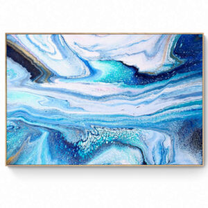 Abstract acrylic painting Blue Stream radiating flowing layers of blue, white, and hints of gold, mimicking a dynamic ocean wave-like pattern. Abstract Art by Thanh Lyons