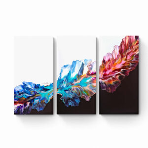 Three-panel Breezy Fall triptych with vibrant blue and pink hues on a white background, measuring 60 x 90 cm. Abstract Art by Thanh Lyons