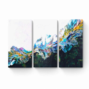 Three-panel Dancing Dream triptych featuring vibrant, fluid colors blending into dark backgrounds, displayed on a white wall. Abstract Art by Thanh Lyons
