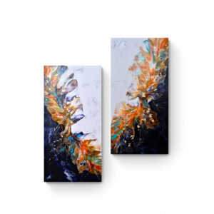 Two Day & Night Reflections Diptych (40 x 80cm) paintings with vibrant splashes of blue, orange, and gold resembling feathers, displayed against a clean white background. Abstract Art by Thanh Lyons