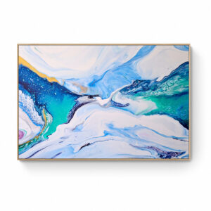 Atlantic Breeze fluid art painting with swirls of blue and white, accented by touches of yellow, displayed in a Tassie Oak frame on a white wall. Abstract Art by Thanh Lyons