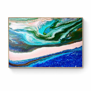 Abstract ocean-inspired painting, reminiscent of the Atlantic Breeze (60 x 150 cm - Framed in Tassie Oak), with swirling blue and green hues on a framed canvas with Tassie Oak. Abstract Art by Thanh Lyons