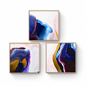 Four Interstella Triptych (60 x 60cm each) with swirling patterns of blue, gold, and white on a white wall. Abstract Art by Thanh Lyons