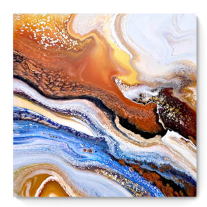 Journey to the Wild 1 (101 x 101 cm) fluid art painting with swirling patterns of orange, white, blue, and brown. Abstract Art by Thanh Lyons