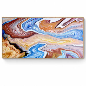 Horizontal abstract painting featuring swirling patterns of blue, brown, and yellow, resembling marble or geological Layers of Time. Abstract Art by Thanh Lyons