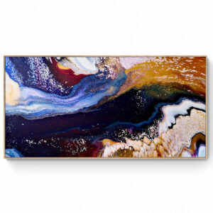 Abstract painting featuring swirling colors of blue, gold, and white, resembling a cosmic or geological fluid scene. Star Talk (90 x 182 cm) - Framed in Tassie oak. Abstract Art by Thanh Lyons