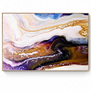 Abstract fluid art painting with swirls of blue, white, gold, and black, resembling a geode, displayed in a horizontal frame called Morning Dawn (124 x 185 cm - Framed in Tassie Oak). Abstract Art by Thanh Lyons