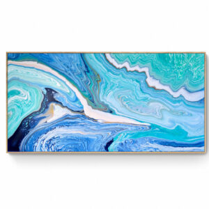 Abstract art featuring swirling blue and white patterns resembling wave forms, mounted on a white wall within a light wooden frame Ocean of Discovery (90 x 182 cm - Framed in Oak). Abstract Art by Thanh Lyons