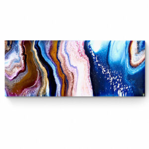 Secret World (60 x 150 cm) horizontal wall art featuring a vibrant fluid acrylic pour with swirling patterns in blues, reds, and whites. Abstract Art by Thanh Lyons