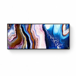 Introducing "Timeless Fall" – an abstract painting with flowing patterns in brown, pink, blue, and white tones on a rectangular canvas, elegantly framed in black. The piece features marbled textures and measures 64 x 155 cm. Abstract Art by Thanh Lyons