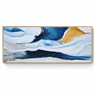 Abstract art piece titled "Silent Night painting" with swirling blue, white, and gold patterns displayed in a horizontal Oak frame measuring 60 x 150 cm. Abstract Art by Thanh Lyons