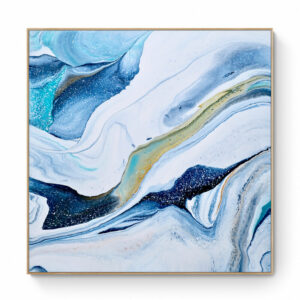 Snowing Fields painting featuring swirling patterns in shades of blue, white, and gold, with a textured finish, framed in a simple metallic frame. Abstract Art by Thanh Lyons