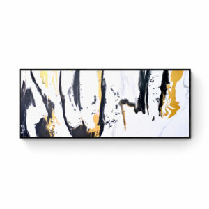 A rectangular abstract painting titled "Secret World" (60 x 150 cm) featuring black, white, and gold paint dripping and blending together, framed in black. Abstract Art by Thanh Lyons