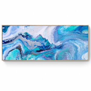 Abstract painting Waves of Exploration depicting swirling patterns in shades of blue, white, and teal, resembling a turbulent sea or a marbled effect (60 x 150 cm) - Framed in Oak. Abstract Art by Thanh Lyons