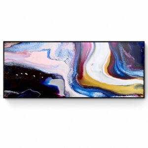 Between the Stars painting featuring swirls of blue, pink, white, and gold, displayed in a panoramic frame. Abstract Art by Thanh Lyons