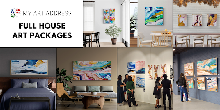 full house art packages from my art address, featuring various room settings decorated with colorful, abstract art. Abstract Art by Thanh Lyons
