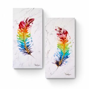 Two rectangular canvases display colorful, abstract feather paintings with white backgrounds resembling marble. The Marble Rainbow Feather Duo (30 x 60 cm each) features a gradient of red, orange, yellow, green, blue, and purple hues. Abstract Art by Thanh Lyons
