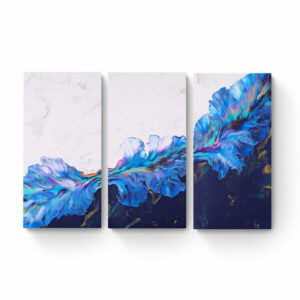 Three vertical panels featuring abstract art with blue, purple, and white swirls against a dark background, mounted on a white wall: Blue Symphony triptych (60 x 90 cm). Abstract Art by Thanh Lyons