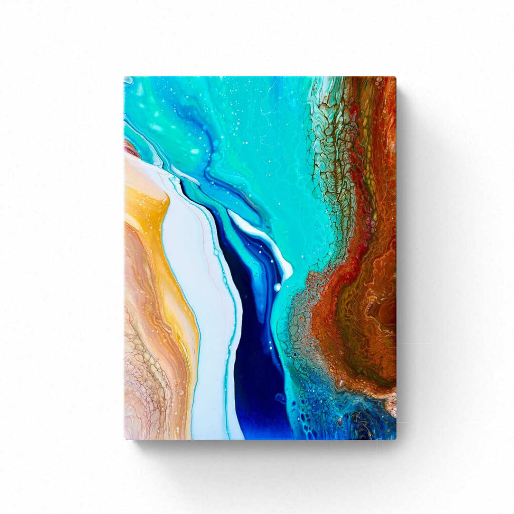 A painting from the Ocean Adventure series (30 x 40 cm) featuring a mix of abstract swirls and colors, including blue, turquoise, brown, and white, resembling a fluid, marbled pattern on a 30 x 40 cm canvas against a plain white background. Abstract Art by Thanh Lyons