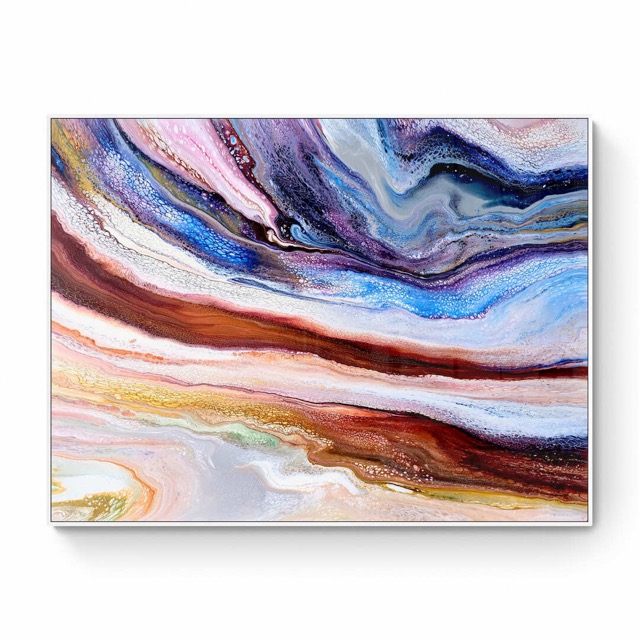 Abstract painting featuring swirls of blue, purple, pink, and brown mixed with lighter shades and white, creating a marbled effect. The composition is dynamic with a range of flowing, colorful patterns, perfect for the upcoming Montsalvat exhibition. Abstract Art by Thanh Lyons