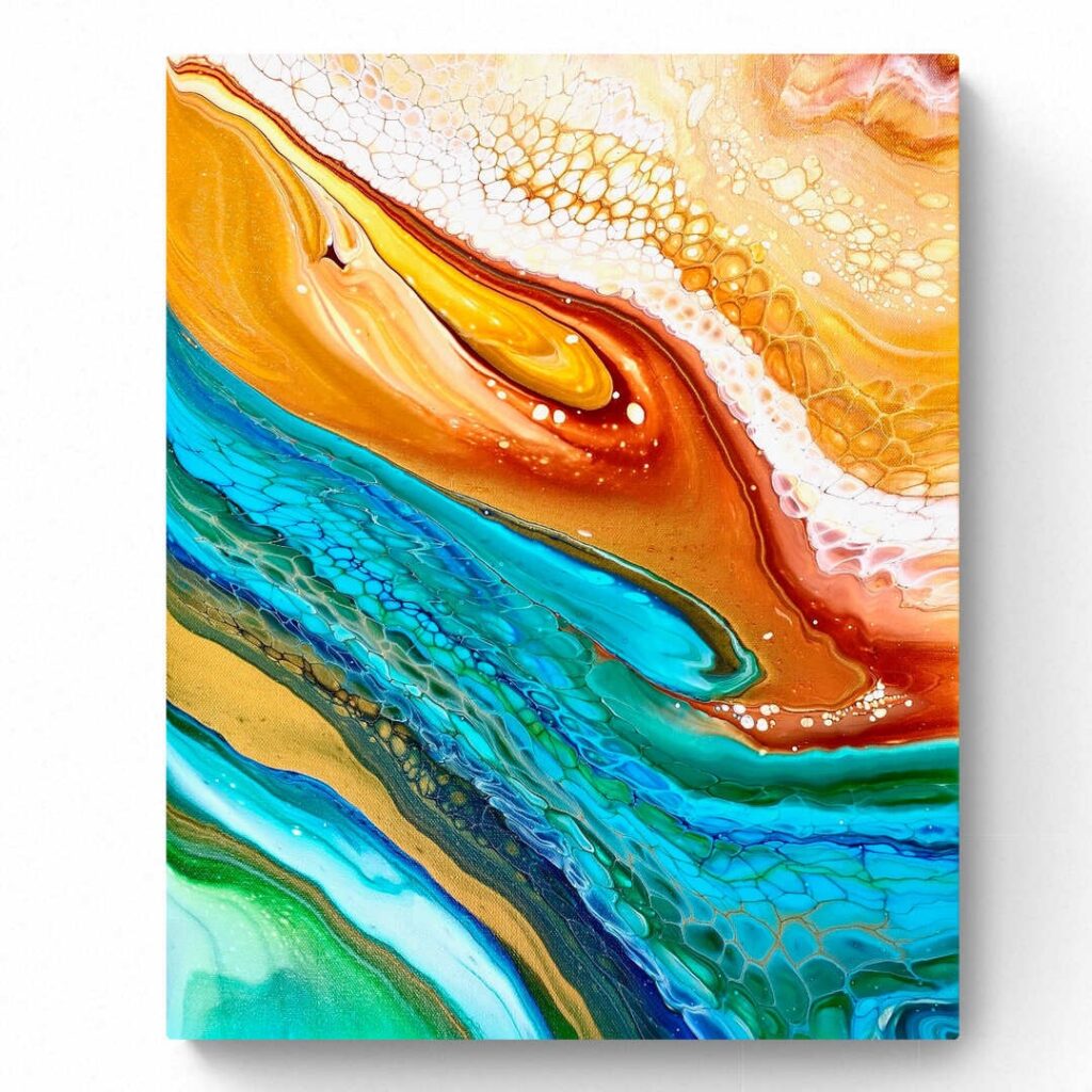 Abstract painting featuring vibrant swirls of orange, white, red, and blue hues with intricate, fluid patterns creating a visually dynamic composition. Measuring 40 x 50 cm, **Forest and Fields 6 (40 x 50 cm)** evokes the energy and beauty of natural fields. Abstract Art by Thanh Lyons