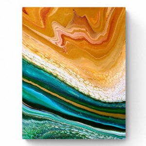Abstract painting "Forest and Fields 6" (40 x 50 cm) with swirling patterns of orange, white, green, and blue hues, reminiscent of a geological or topographical landscape. Abstract Art by Thanh Lyons