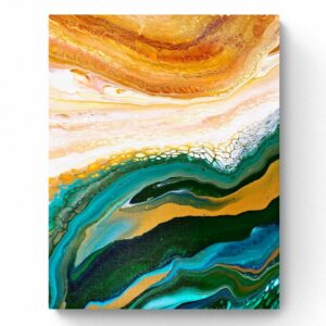 An abstract painting titled Forest and Fields 6 (40 x 50 cm) featuring swirling patterns of gold, white, green, and blue hues. The design includes cell-like textures and fluid forms, creating a dynamic, flowing appearance. Abstract Art by Thanh Lyons