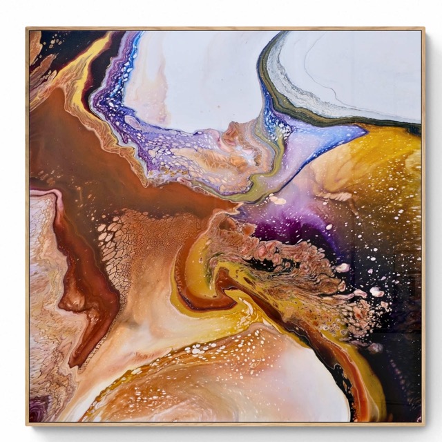 An abstract painting with a swirling mix of earthy browns, vibrant purples, and bright whites, creating a dynamic and textured composition, perfect for showcasing at the Montsalvat exhibition. Abstract Art by Thanh Lyons